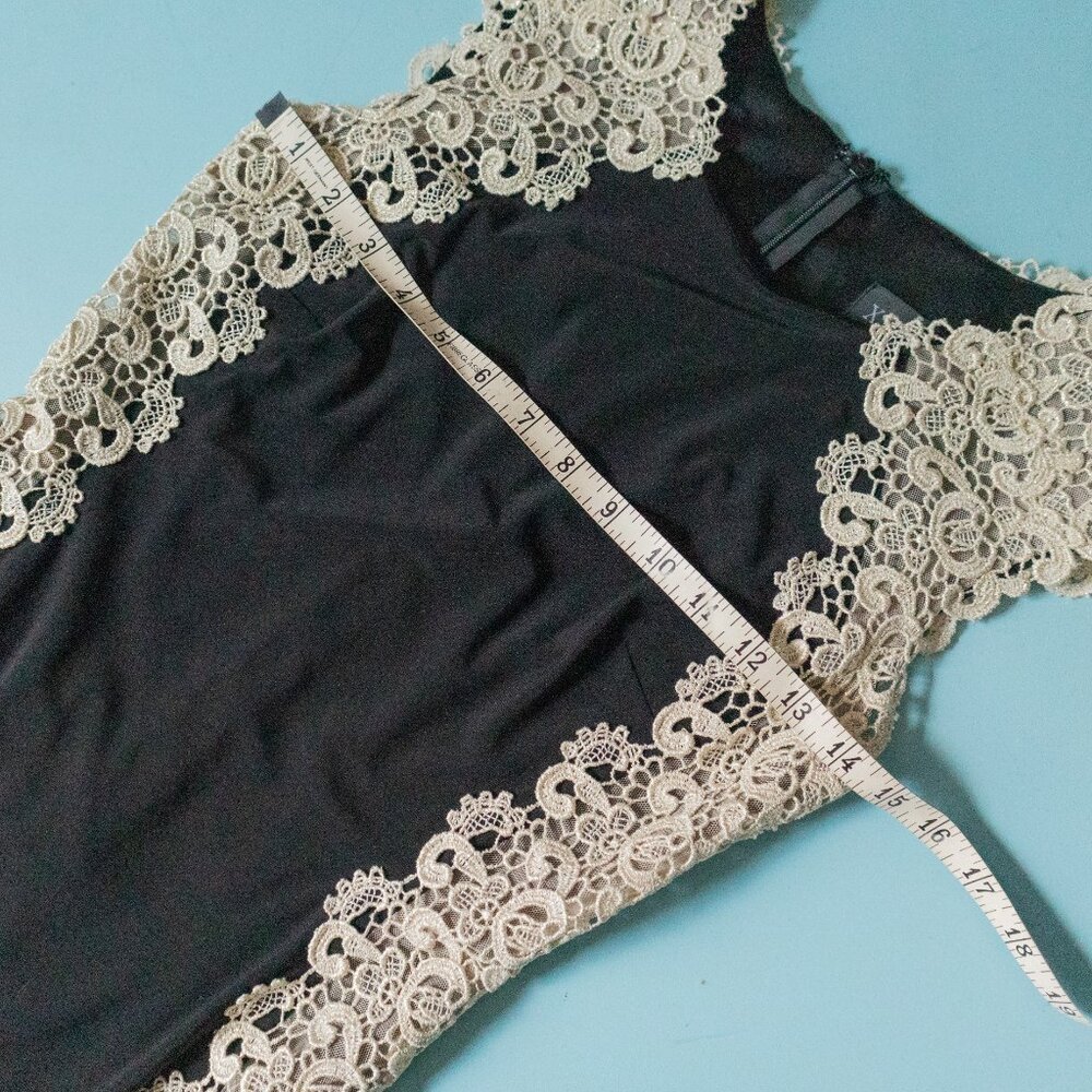 Xscape Black Gold Lace Stretch Fit Sleeveless Sheath Dress Size 4 - Picture 5 of 11